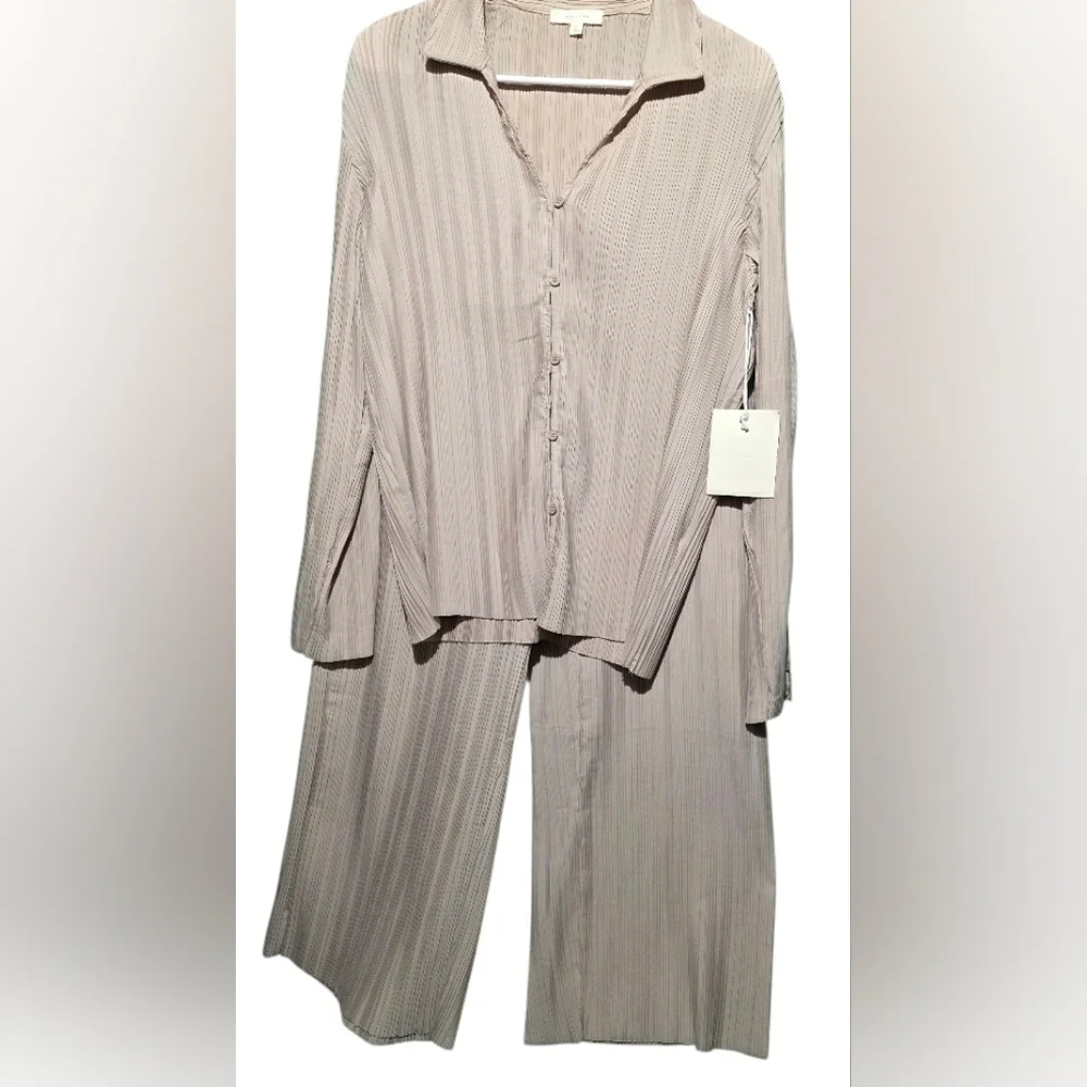 All Row Pleated Beige Blouse SET NWT Top PTP 24 Pants 38 Stretch - Picture 2 of 6